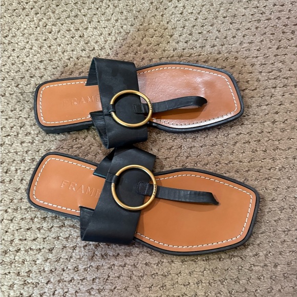 Frame Denim Black Leather Toe-Loop Sandals with Gold Ring - Picture 2 of 4